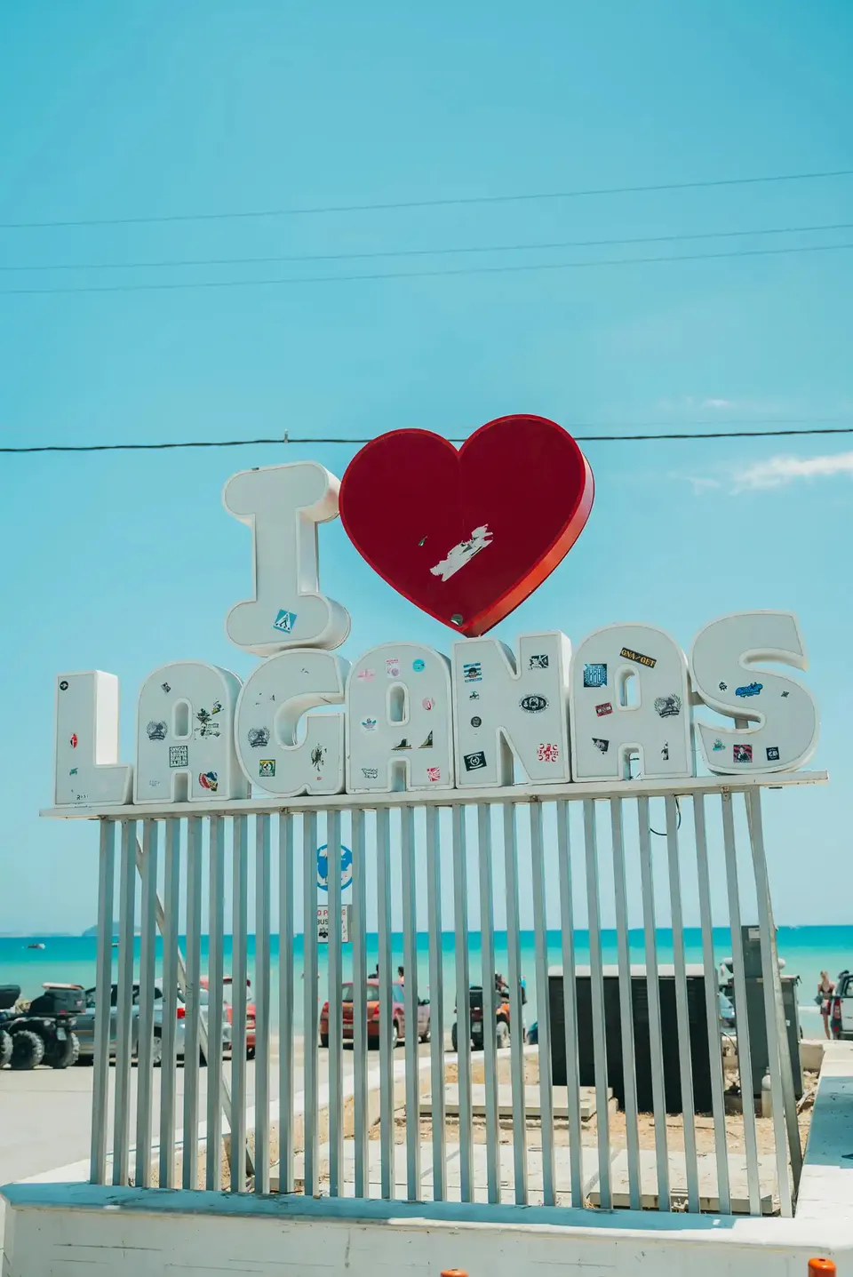 The I love Laganas sign overlooking the beach